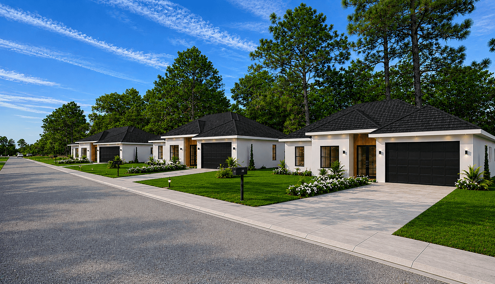 Street of new-construction single-family homes developed by True Invest Group in Florida