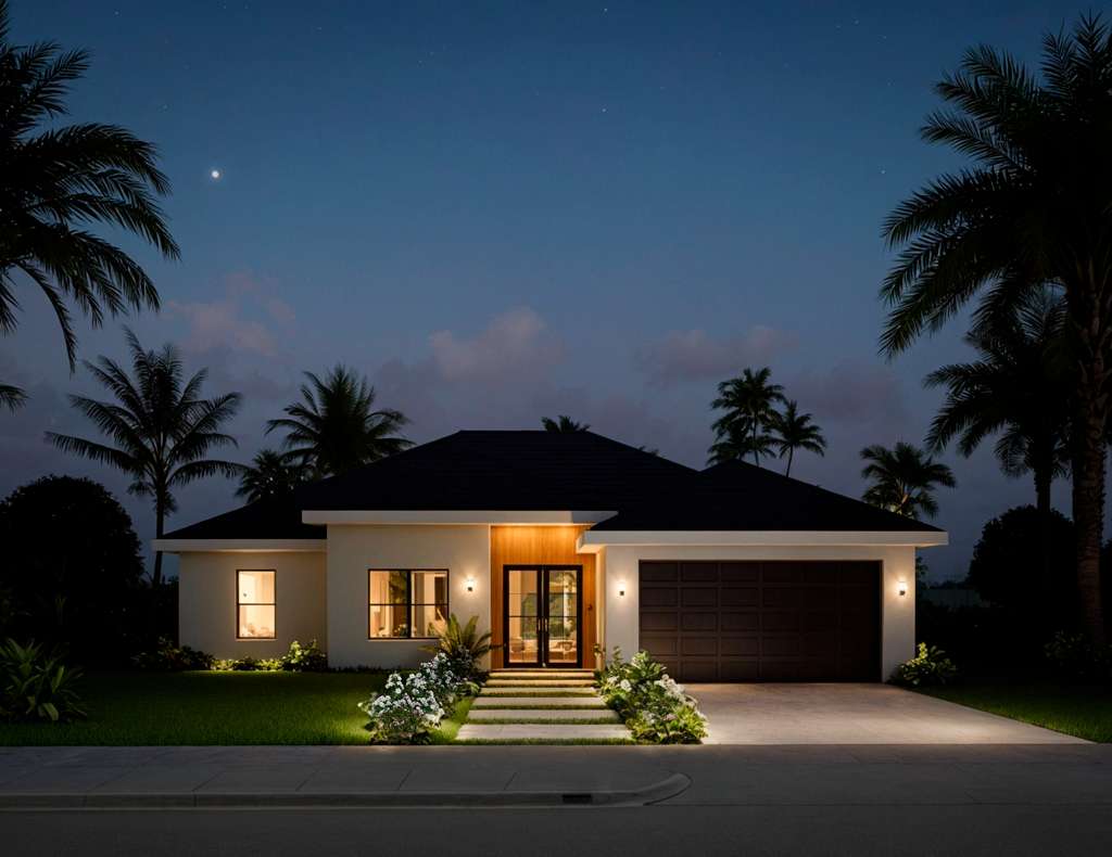 New-construction home developed by True Invest Group in Florida, photographed at dusk